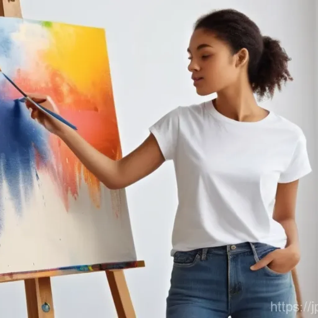 제약 기반 창의성의 미래 전망 - **"A young female artist, wearing a simple, comfortable t-shirt and jeans, intensely focused in a br...