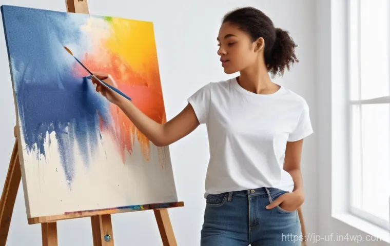 제약 기반 창의성의 미래 전망 - **"A young female artist, wearing a simple, comfortable t-shirt and jeans, intensely focused in a br...