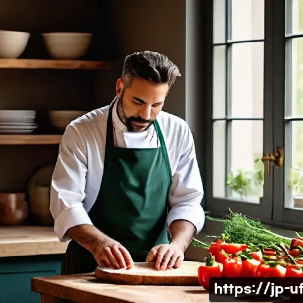 제약 기반 창의성의 다양한 응용 사례 - **A creative chef in a cozy kitchen, focusing intently on a small selection of fresh, simple ingredi...