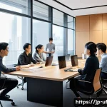 제약 기반 창의성을 활용한 시장 분석 기법 - A modern Japanese office scene with a diverse team of marketers, engineers, and designers collaborat...