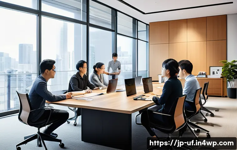 제약 기반 창의성을 활용한 시장 분석 기법 - A modern Japanese office scene with a diverse team of marketers, engineers, and designers collaborat...