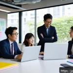 제약 기반 창의성을 위한 멘토링 방법 - A modern Japanese office scene with a diverse team collaborating under creative constraints, featuri...