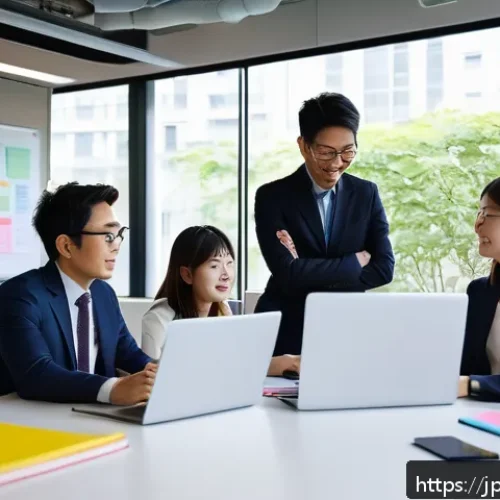 제약 기반 창의성을 위한 멘토링 방법 - A modern Japanese office scene with a diverse team collaborating under creative constraints, featuri...