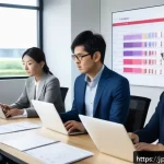 제약 기반 창의성을 통한 위기 관리 전략 - A focused Japanese professional team collaborating intensely in a modern office with limited resourc...