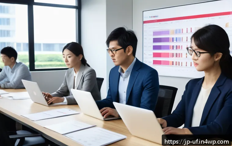 제약 기반 창의성을 통한 위기 관리 전략 - A focused Japanese professional team collaborating intensely in a modern office with limited resourc...